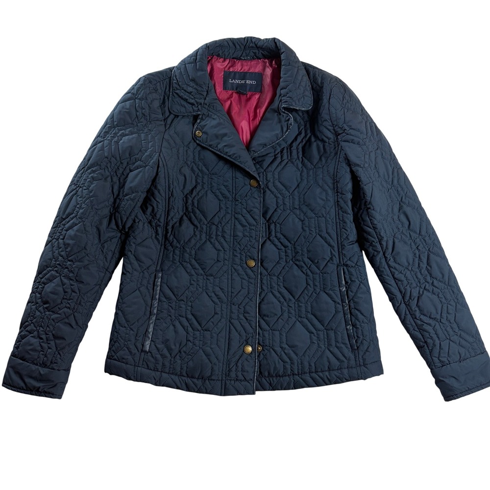 Lands End Womens Small Navy PrimaLoft Quilted Snap Front Jacket